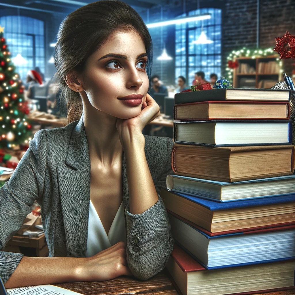 Image of a female entrepreneur in an office with a pile of new books to read.